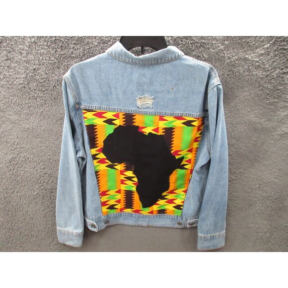 D'Iyanu Women's Small African Traditional Print Distressed Denim Jacket - Picture 10 of 15
